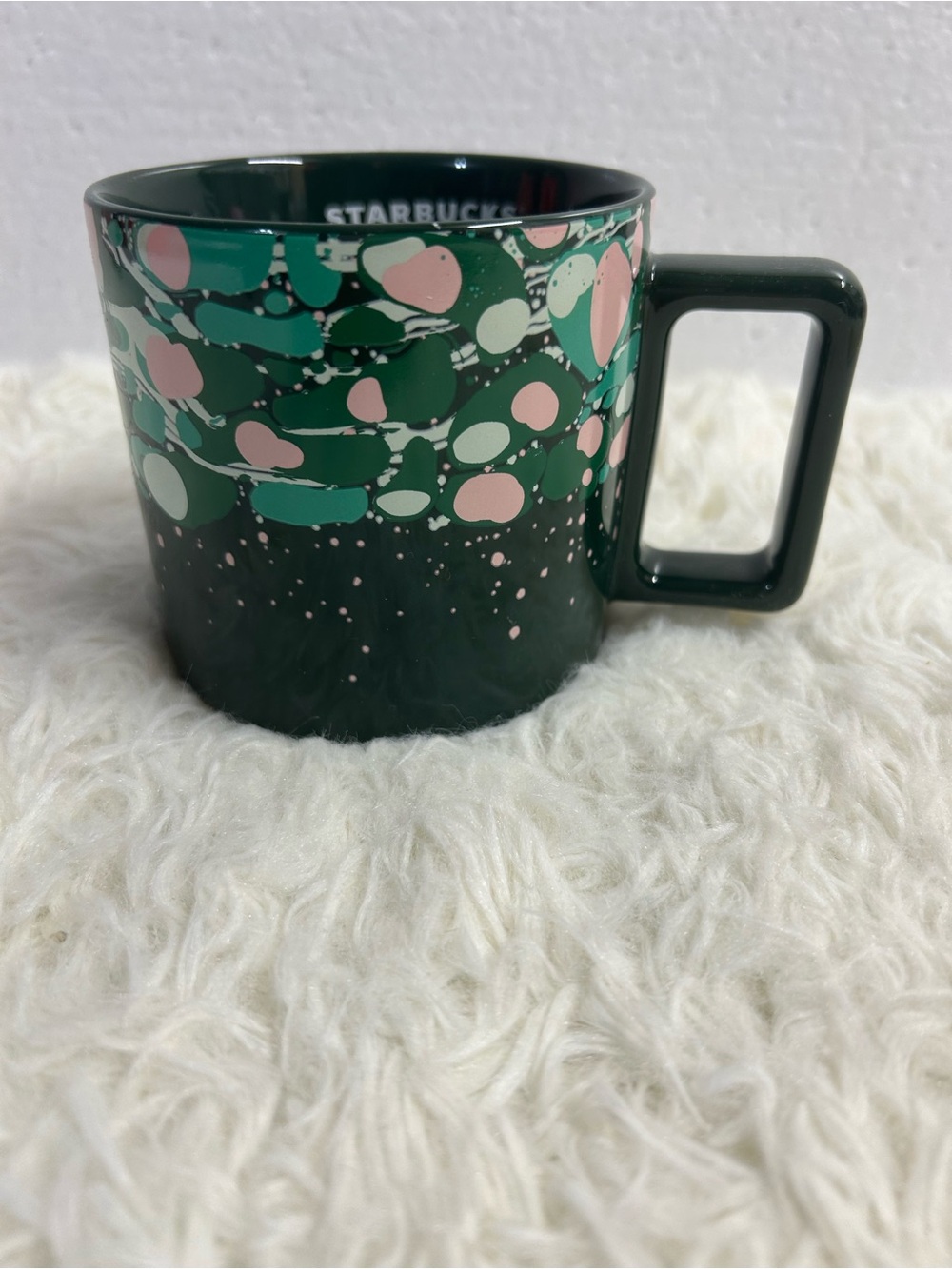 Starbucks Dark Green Mug with Pink & Mint Dot Pattern